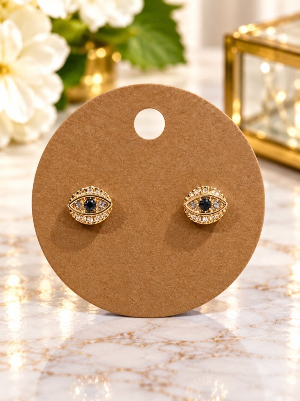 Gold Evil Eye Stud Earrings Black Crystal Rhinestone Accents - Women Jewelry